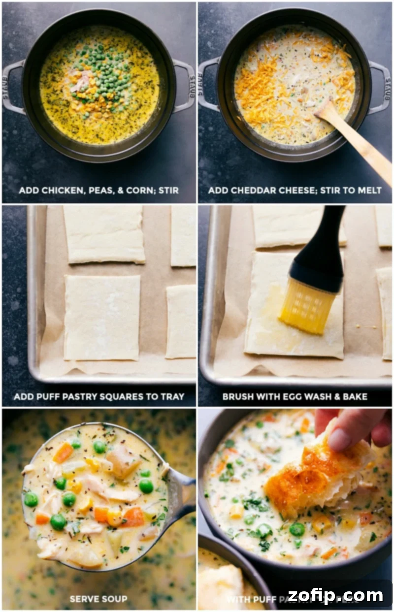 A vibrant close-up of the Chicken Pot Pie Soup simmering, with shredded chicken, bright green peas, and yellow corn being stirred into the rich, creamy broth. In the foreground, golden, flaky puff pastry squares are arranged on a baking sheet, ready for serving.
