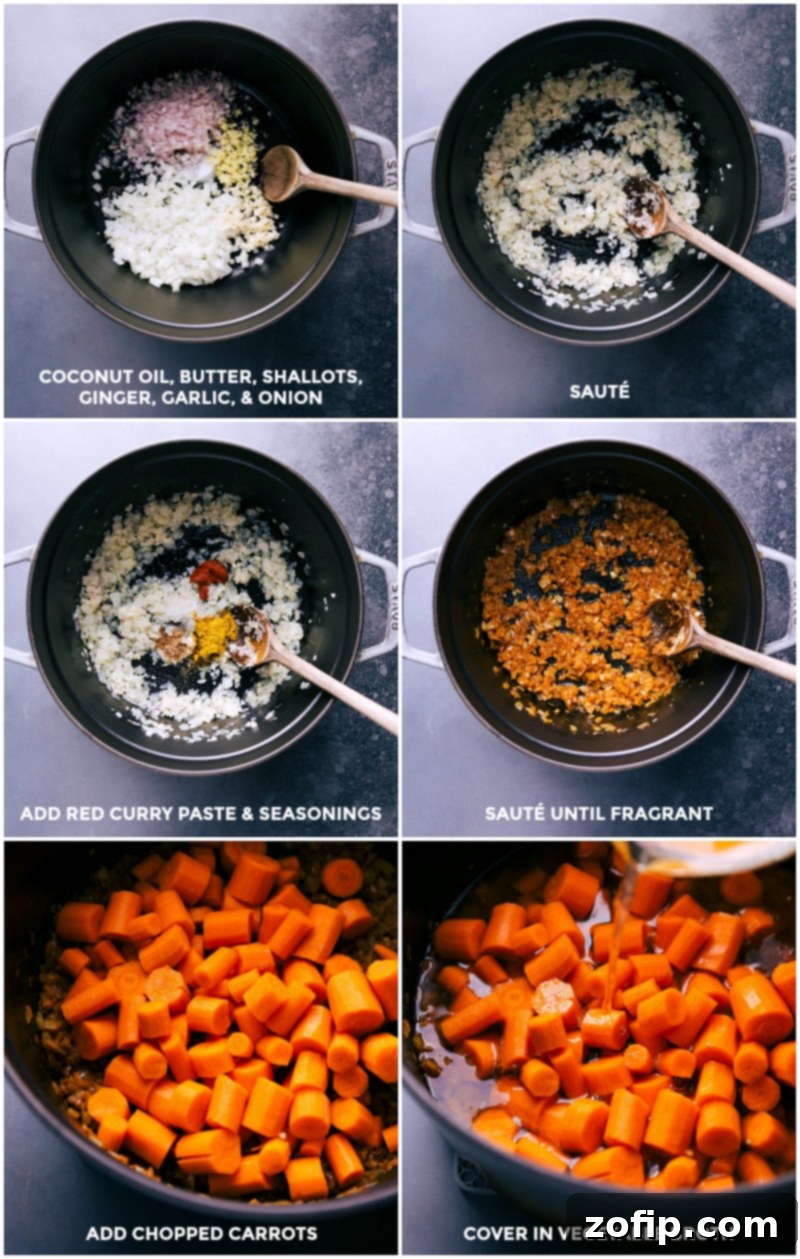 Onion, garlic, and shallots being sautéed in a pot, with seasonings added followed by chopped carrots and vegetable broth for the carrot soup recipe.