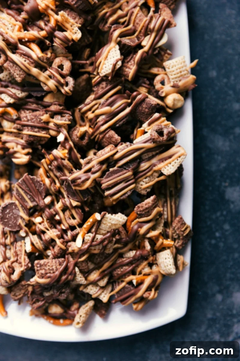 A vibrant bowl of homemade Chocolate Peanut Butter Snack Mix, showcasing a rich blend of chocolate, peanut butter, and pretzel pieces. The perfect balance of textures and flavors.