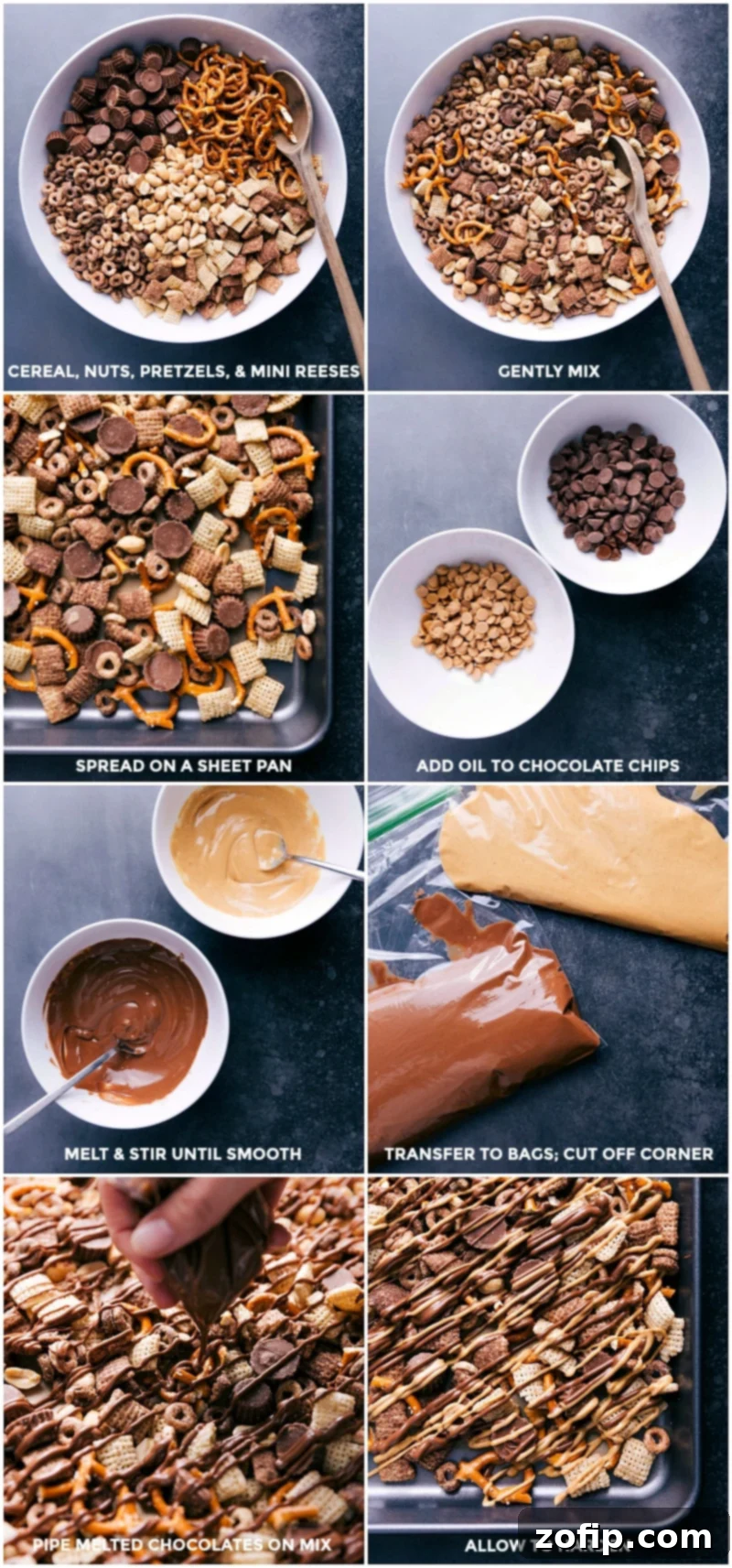 Overhead shot of snack mix ingredients being combined in a large bowl, with melted chocolate and peanut butter chips drizzled artfully over the top, creating a beautiful pattern.
