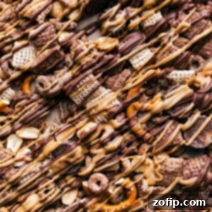 A high-quality image of the finished Chocolate Peanut Butter Snack Mix, perfectly arranged and ready to be enjoyed, highlighting its tempting textures.