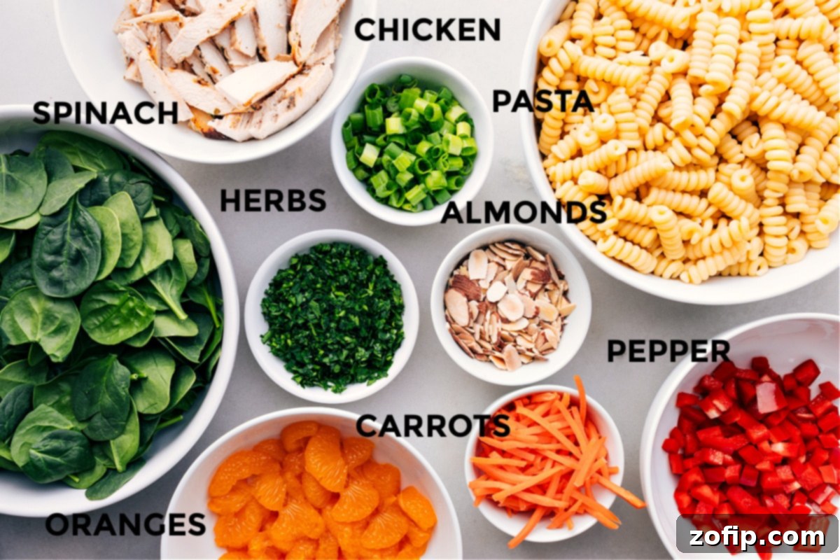 Prepped Ingredients for Asian Pasta Salad All the fresh ingredients for Asian Pasta Salad, neatly prepped and laid out for easy assembly: cooked shredded chicken, rotini pasta, toasted sliced almonds, fresh herbs like green onions and cilantro, baby spinach, chopped red bell peppers, shredded carrots, and drained mandarin oranges.