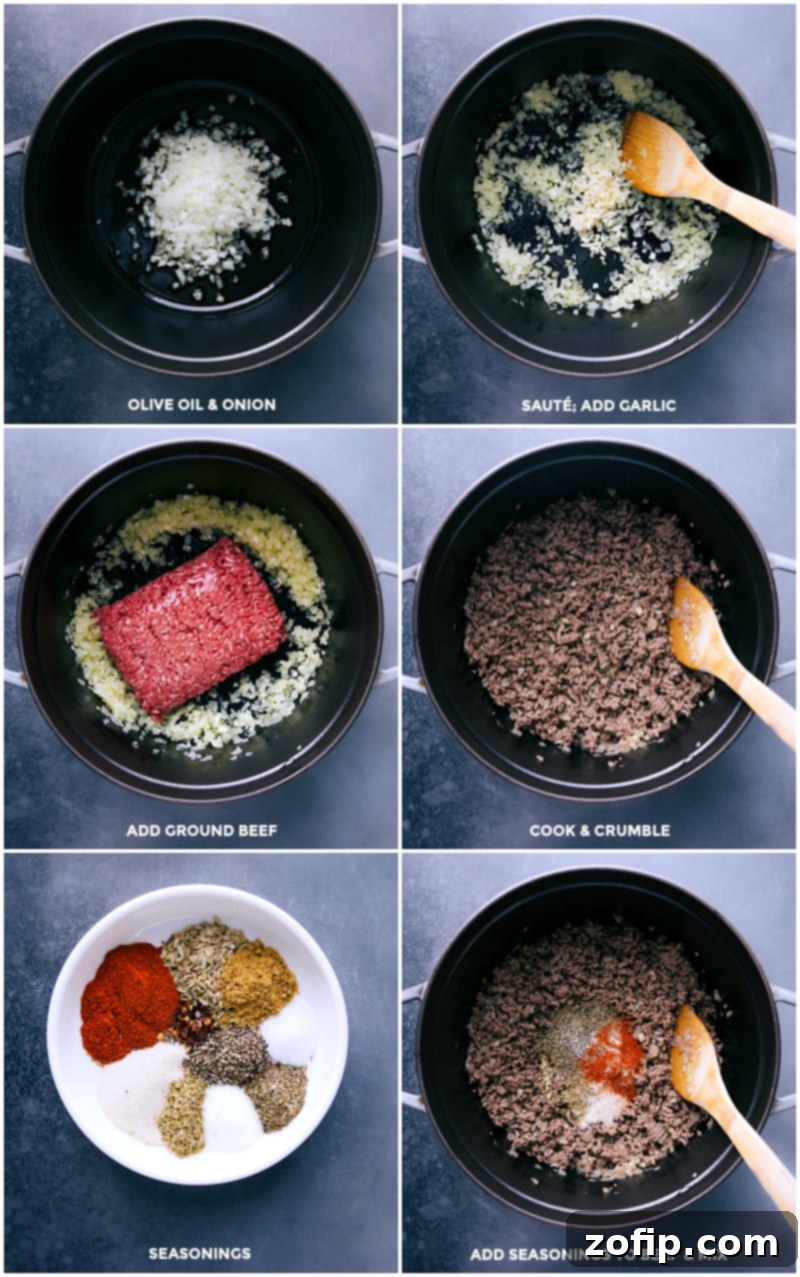 Ultimate Baked Ziti 3 Sautéing diced yellow onion and minced garlic in olive oil, then adding lean ground beef to brown, crumbling it and mixing in seasonings for a flavorful start to the sauce.