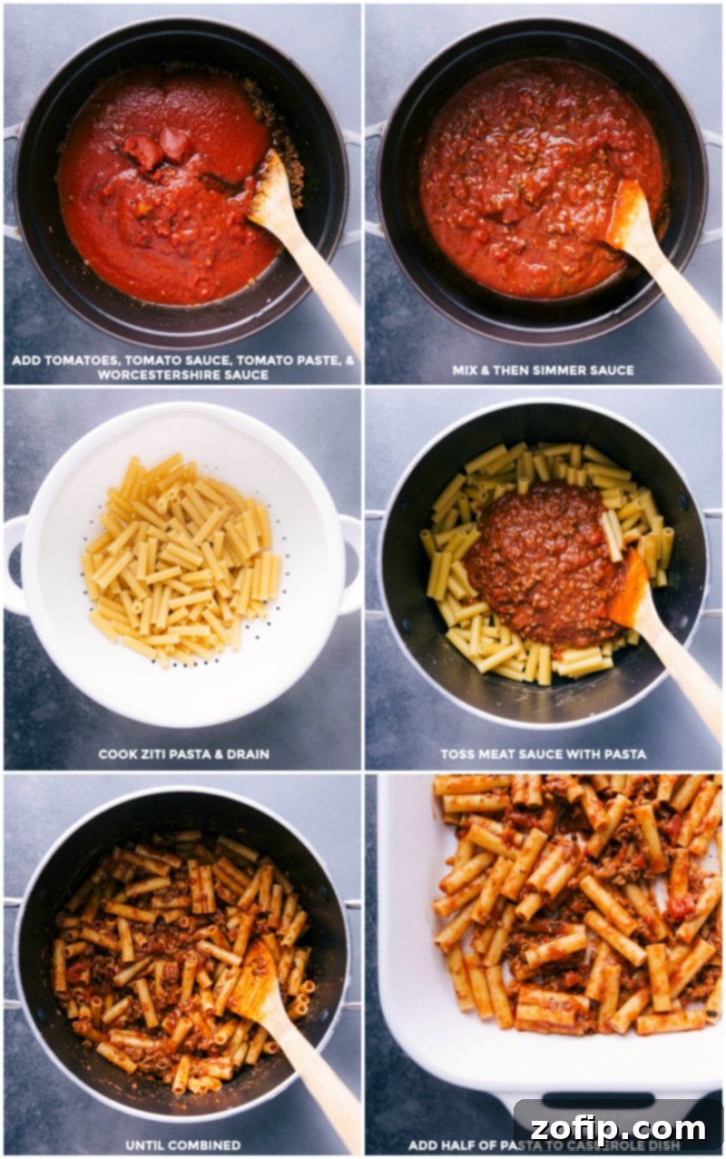 Preparing Baked Pasta Dish: Sauce Simmering and Pasta Layering A two-part image showing, first, a pot of rich tomato sauce simmering with various ingredients, and second, cooked pasta being tossed with meat sauce before layering into a baking dish.