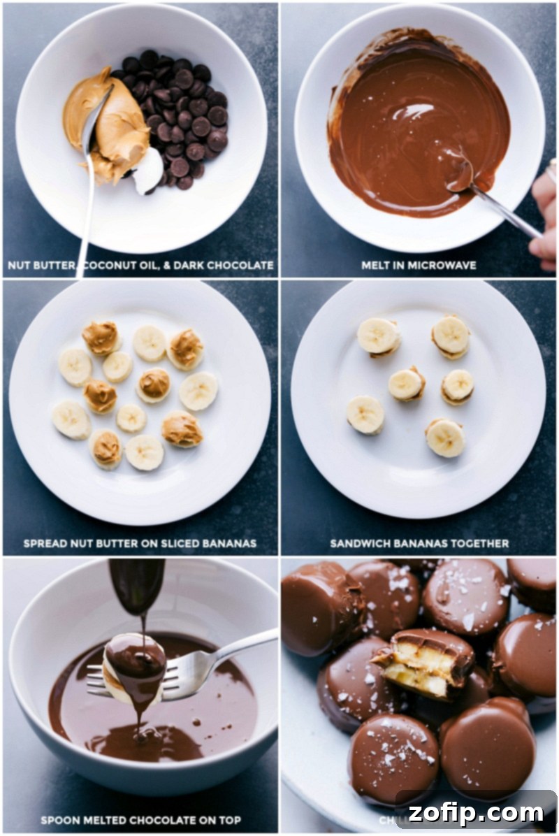 Step-by-step process of making chocolate-covered banana bites, showing melted chocolate, peanut butter spread on banana slices, and the final dipping process for a perfect coating.