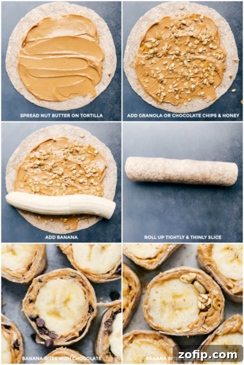 Process shots demonstrating the creation of Banana Sushi: images showing peanut butter, granola, honey, and chocolate chips being spread on a tortilla, followed by a banana being placed, rolled, and then cut into uniform segments.