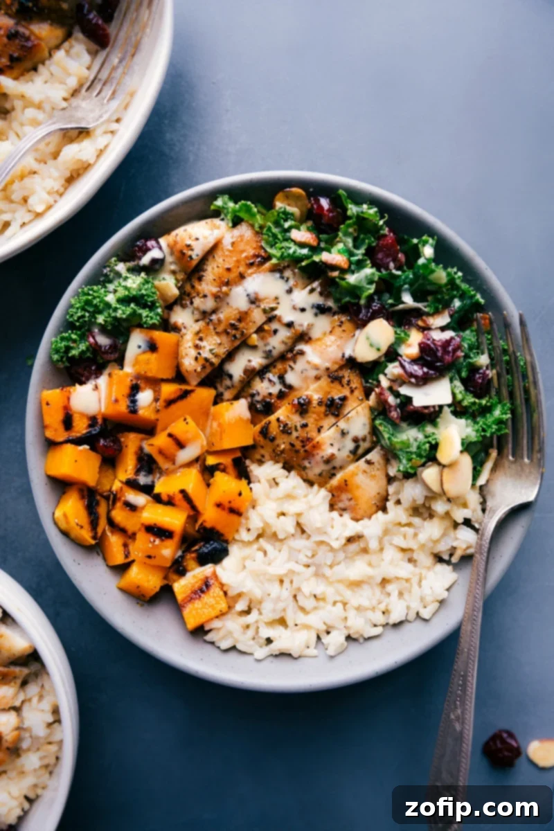 Overhead image of the Harvest Bowl filled with grilled chicken, butternut squash, brown rice, and kale salad.