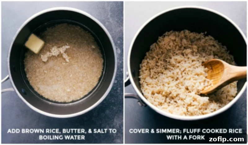 Process shot showing brown rice being cooked for the Harvest Bowl.