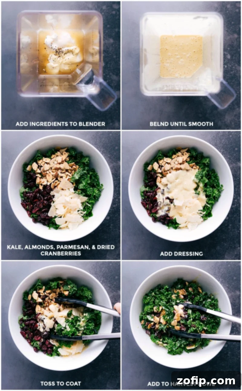 Process shots: Making the dressing, assembling salad ingredients, adding dressing, and tossing to coat for the Harvest Bowl.