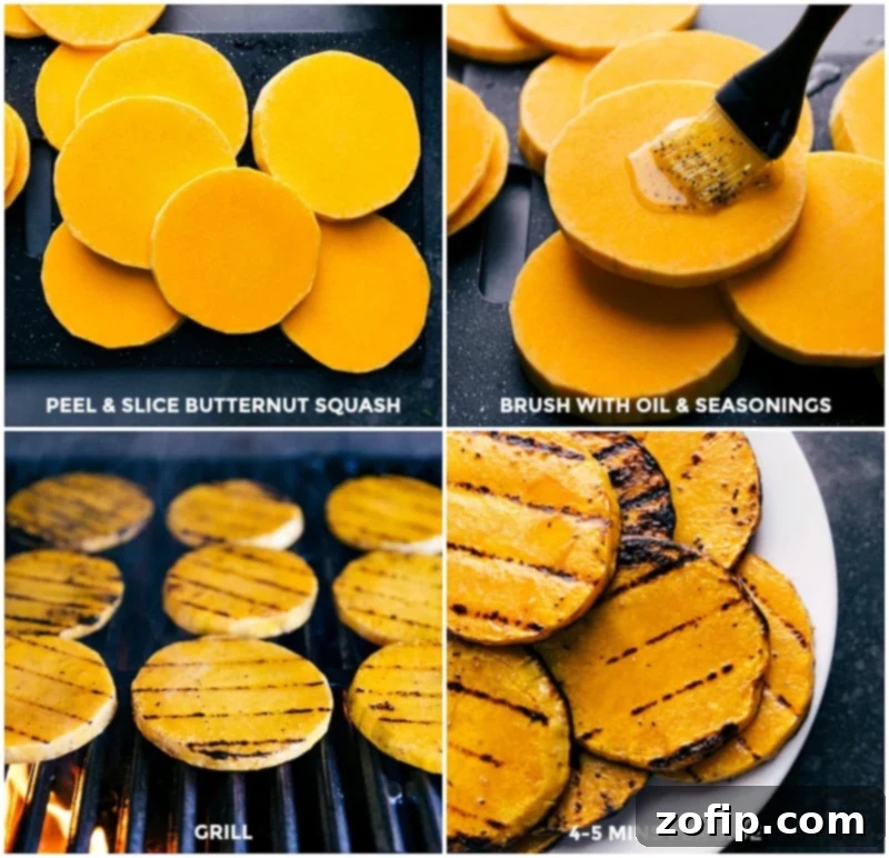 Process shots showing butternut squash being prepped and grilled to perfection for the Harvest Bowl.