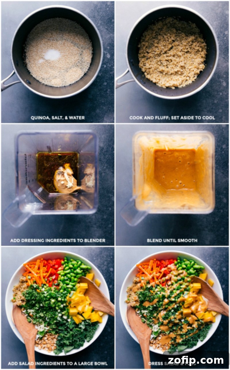 Pouring rich, creamy peanut dressing over a bowl of fresh Thai quinoa salad ingredients, enhancing its flavor profile.