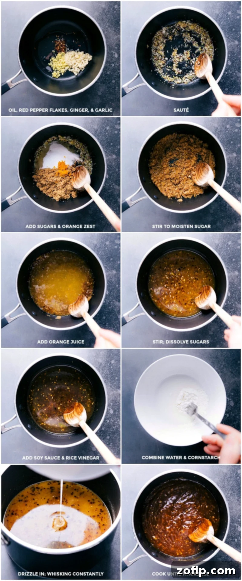Process shots demonstrating the steps for preparing the orange chicken sauce from scratch, showing ingredients being combined in a pot.