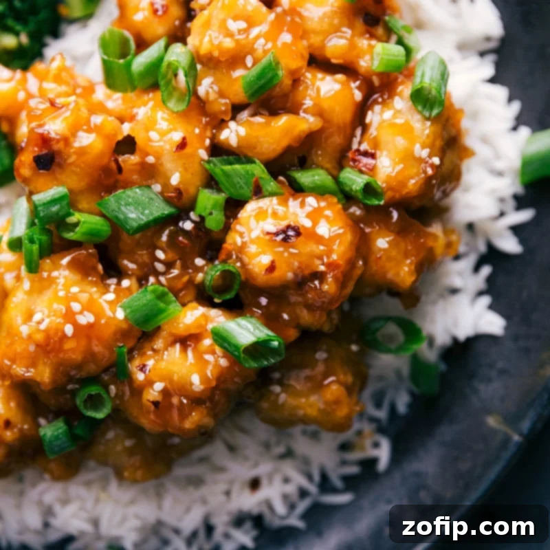 Plated Orange Chicken, elegantly served over white rice and garnished with fresh green onions and toasted sesame seeds, ready to be enjoyed.