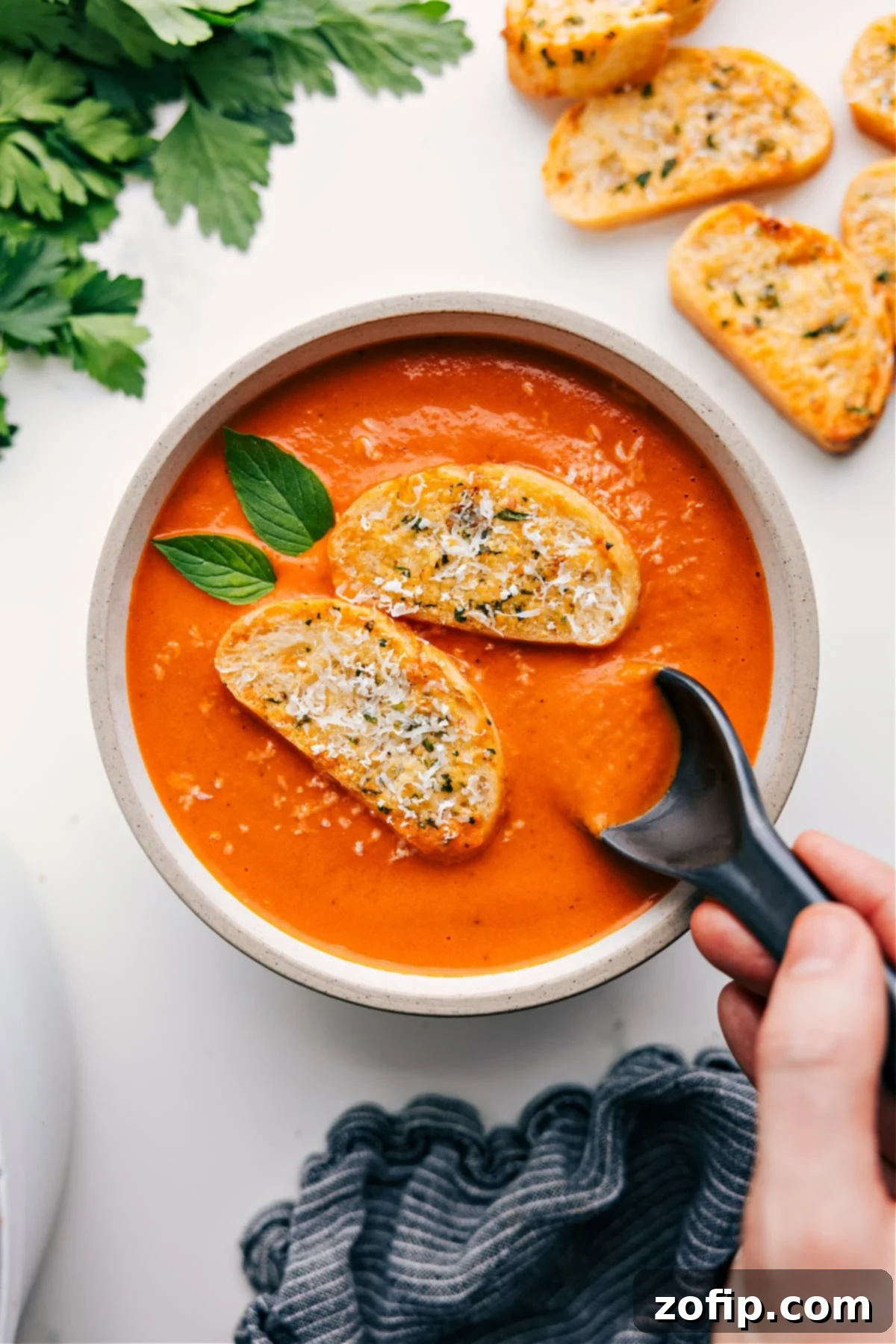 Easy Creamy Tomato Soup Recipe A steaming bowl of easy creamy tomato soup, garnished with fresh basil, accompanied by a golden-brown toasted baguette slice with melted cheese.