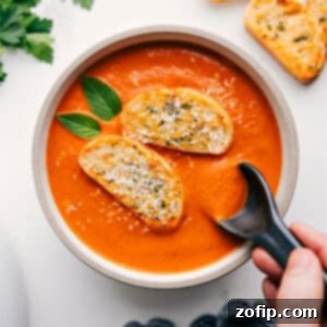 Simple Homemade Tomato Soup 3 A close-up of a bowl of creamy tomato soup with basil, alongside golden crostini.