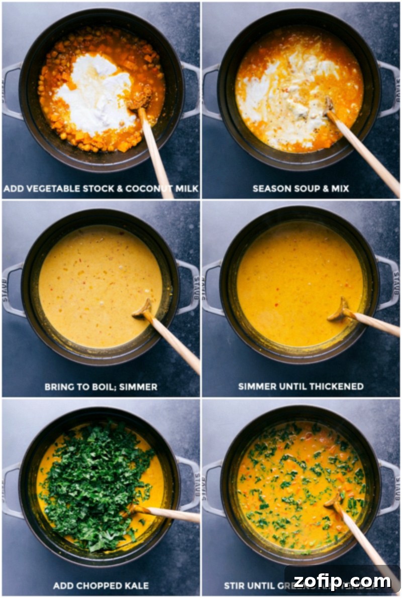 Cooking Process: From Simmer to Perfection with Coconut Curry Soup A step-by-step visual of the soup preparation: adding rich vegetable stock and creamy coconut milk to the sautéed vegetables, seasoning them, bringing the mixture to a gentle boil, simmering until perfectly thickened, and finally incorporating fresh kale until tender.