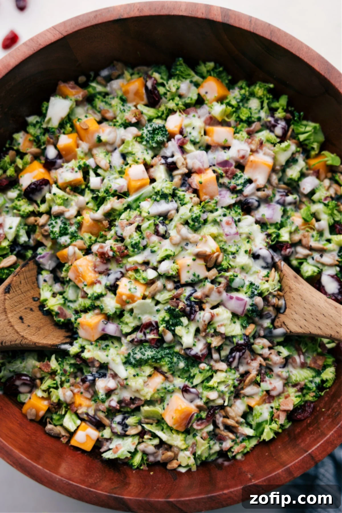 A vibrant bowl of creamy broccoli salad, showcasing fresh broccoli florets, golden bacon bits, cheese cubes, and ruby-red cranberries, ready to be served and enjoyed at a picnic.
