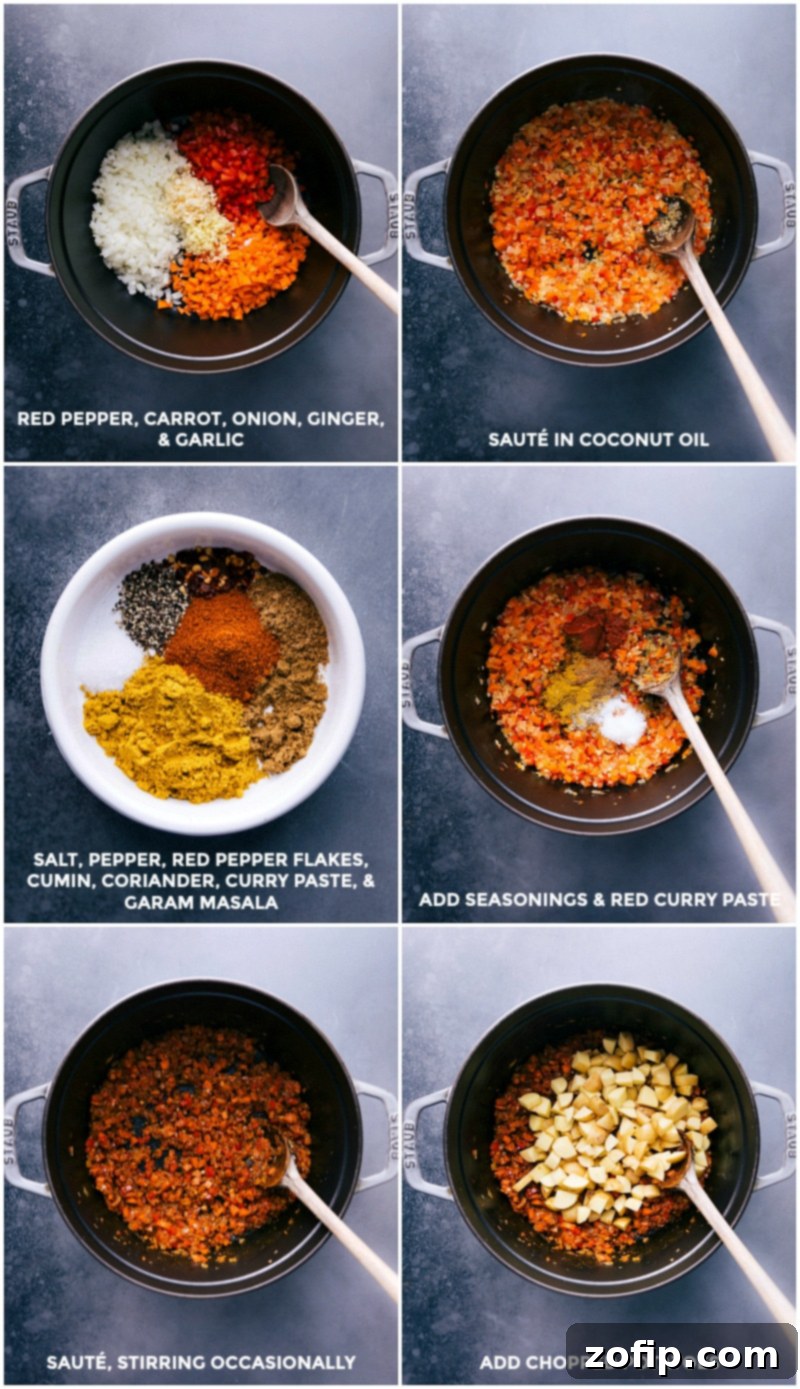 Browning red pepper, carrot, onion, ginger, and garlic in coconut oil; combining seasonings; adding to the browned veggies along with red curry paste; stirring and sautéing; adding potatoes.