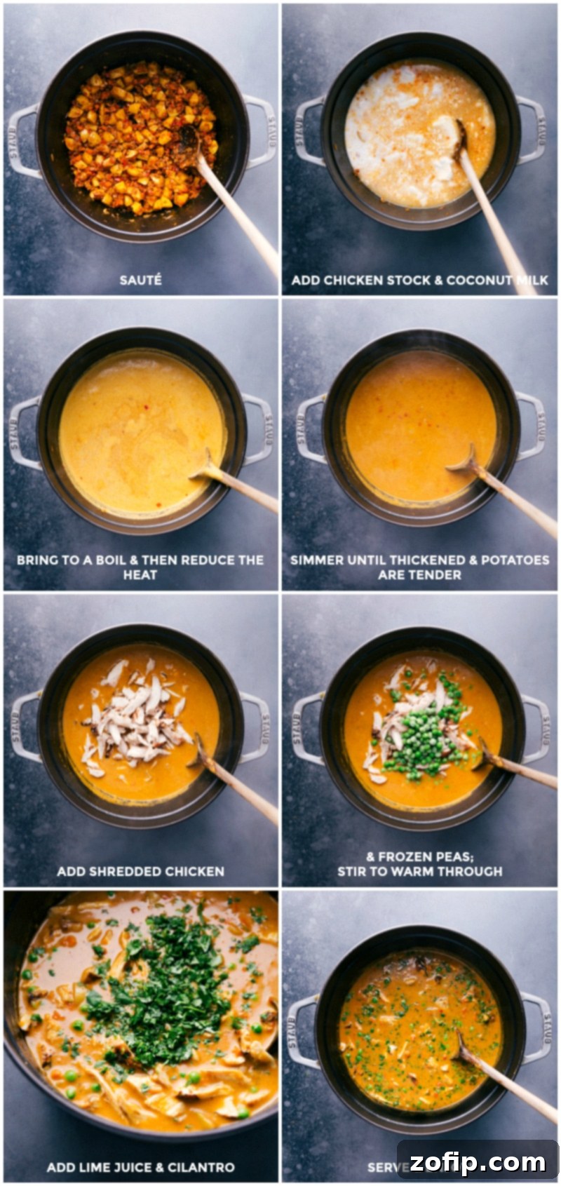 Sautéing veggies; adding stock and coconut milk; simmering until potatoes are tender; adding chicken pieces and frozen peas; adding lime juice and cilantro just before serving.