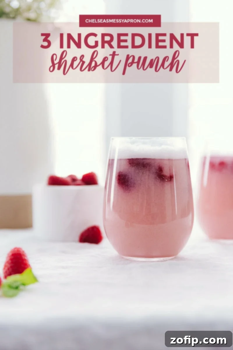 Sparkling Sherbet Punch 2 Two glasses of vibrant raspberry Sherbet Punch, garnished with fresh raspberries, ready for a party.