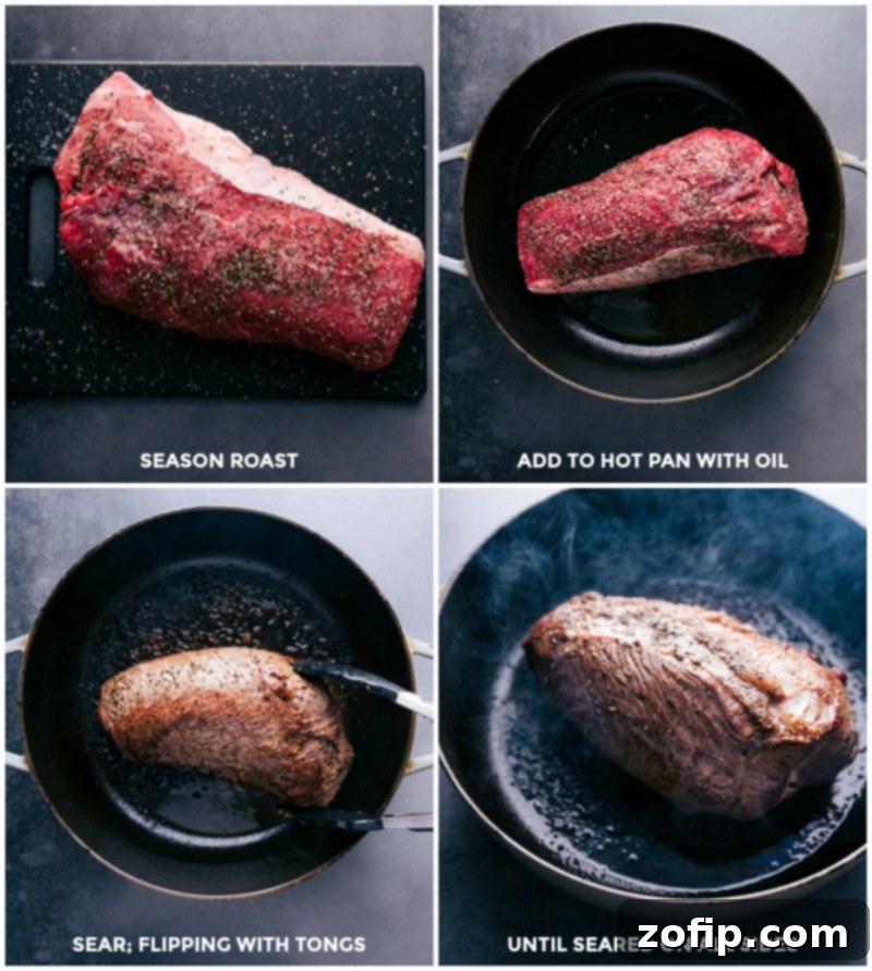 Seasoning a beef chuck roast generously with a blend of aromatic spices before searing it in a hot pan until beautifully browned and caramelized, locking in flavor.