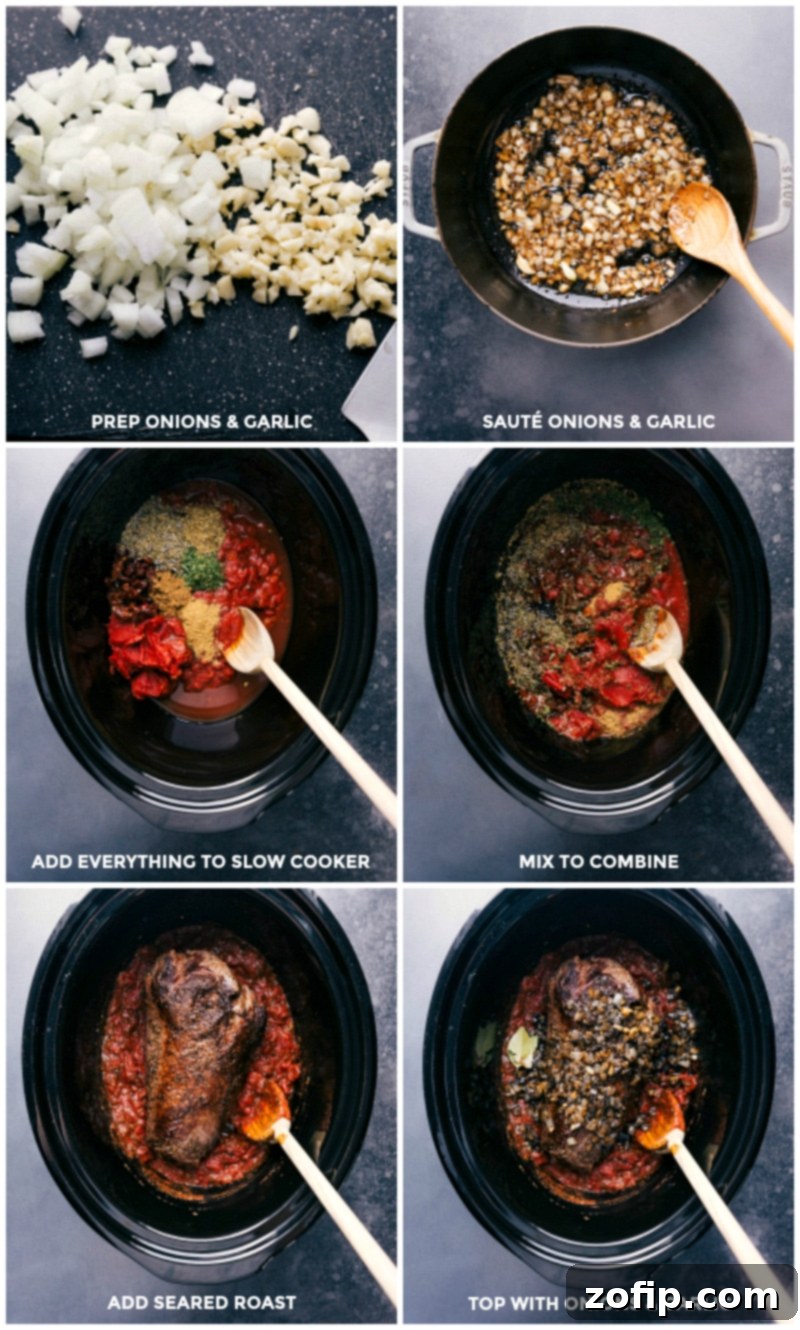 Preparing ingredients: chopping onions and garlic, sautéing them in a pan, then combining all slow cooker components, including seared beef, and mixing thoroughly for a rich, cohesive dish.