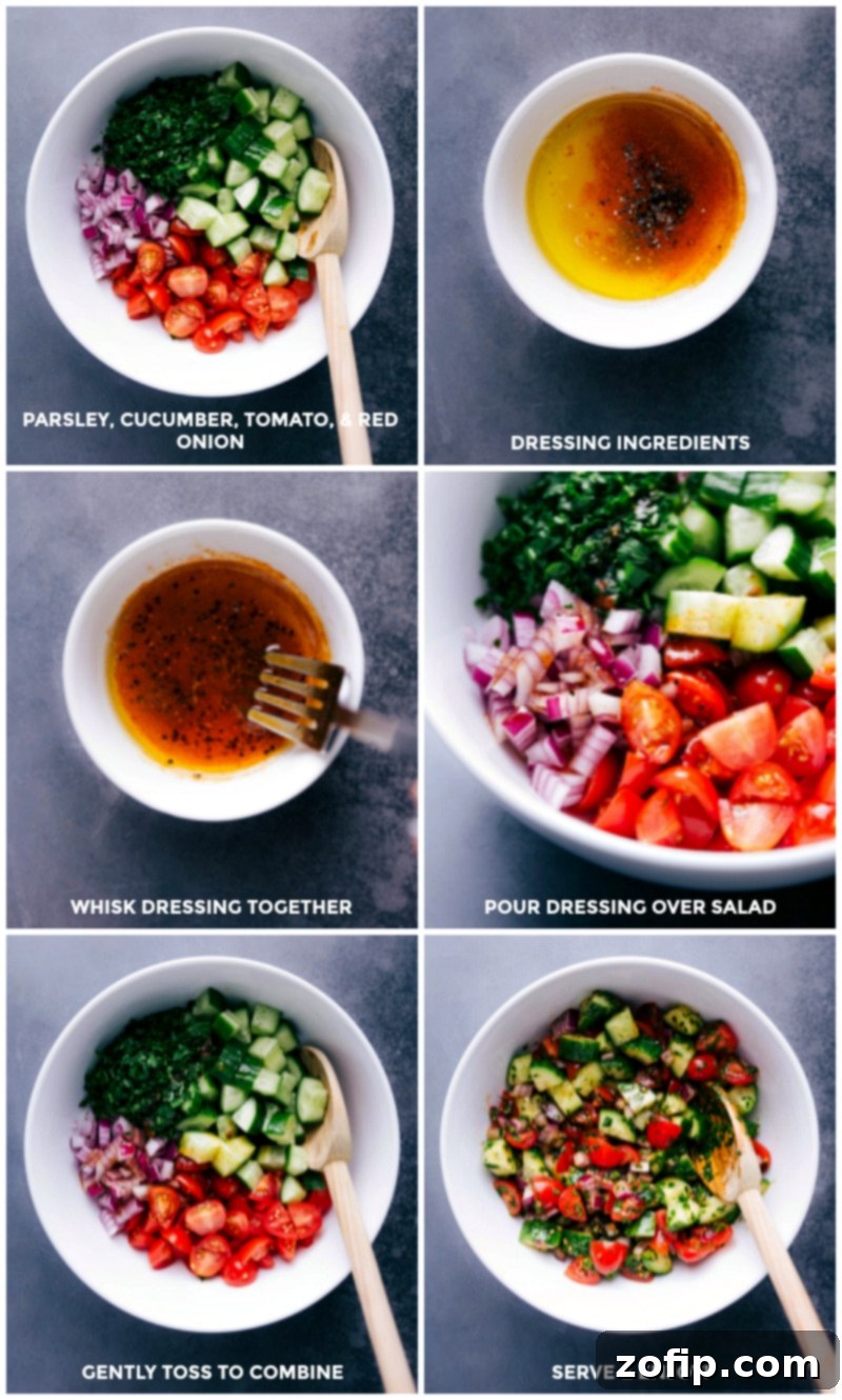 Visual steps: combining chopped vegetables, whisking the lemon-olive oil dressing, pouring the dressing over the salad, and tossing ingredients to perfection.