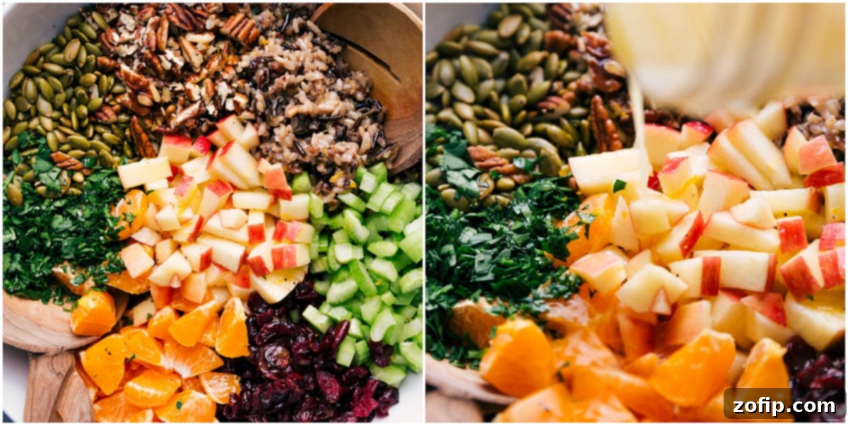 Your Thanksgiving Needs This Wild Rice Wilaf On The Spread The Cranberry Orange Wild Rice Pilaf ingredients are combined in a large bowl, with the zesty orange-honey vinaigrette being drizzled over them.