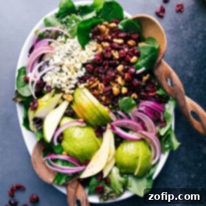 Pear salad on a tray, showcasing the vibrant colors and fresh ingredients ready for serving.