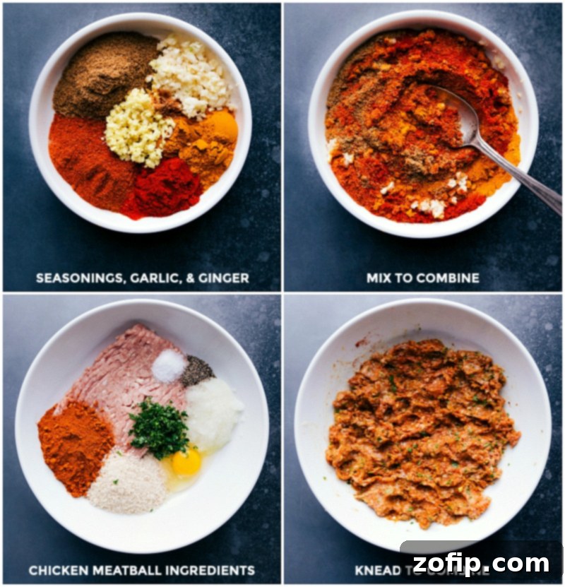 Chef combining a vibrant mix of ground spices (cumin, turmeric, paprika, garam masala) with ground chicken, freshly grated onion, Panko breadcrumbs, egg, and fresh cilantro in a large bowl, then kneading the mixture thoroughly to ensure all ingredients are well incorporated and flavor is evenly distributed before forming the meatballs.