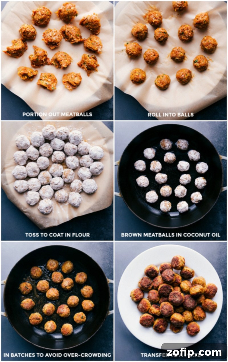 A step-by-step sequence showing the preparation of butter chicken meatballs: first, carefully portioning the seasoned meat mixture, then meticulously rolling each portion into uniform balls, coating them evenly in all-purpose flour for a crisp exterior, browning them in a hot skillet until golden brown on all sides, and finally, transferring the perfectly browned meatballs to a plate, ready for the next stage of cooking.