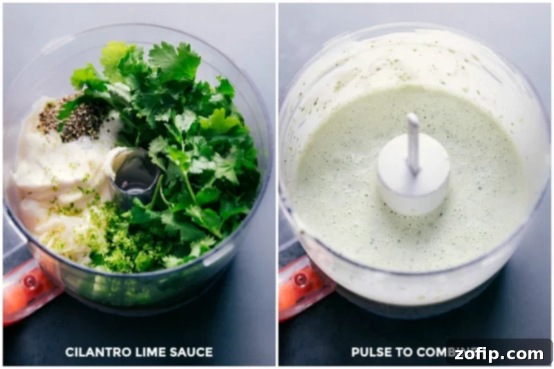 Ingredients for cilantro lime sauce laid out: fresh cilantro, lime, garlic, jalapeño, mayo, and sour cream, ready to be blended into a smooth and tangy dressing for the baked chicken tacos.