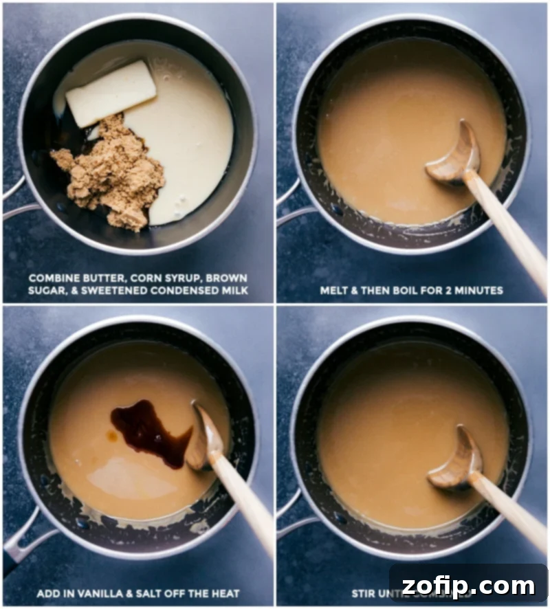 A visual step-by-step guide showing the easy process of making homemade caramel sauce: combining ingredients in a saucepan, melting and bringing to a boil, adding vanilla and salt, and finally stirring to combine into a smooth, rich caramel.