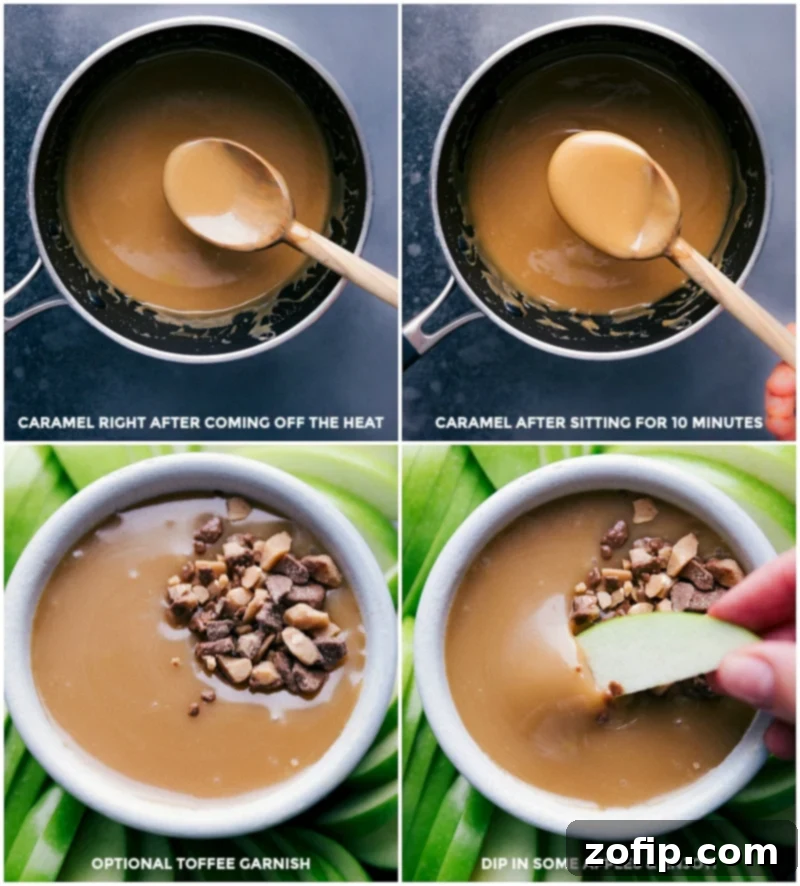 The journey from freshly cooked caramel sauce to a perfectly cooled bowl, ready for enjoyment. Pictured with optional toffee garnish and crisp apple slices being dipped into the creamy, smooth, and utterly delicious homemade caramel sauce.