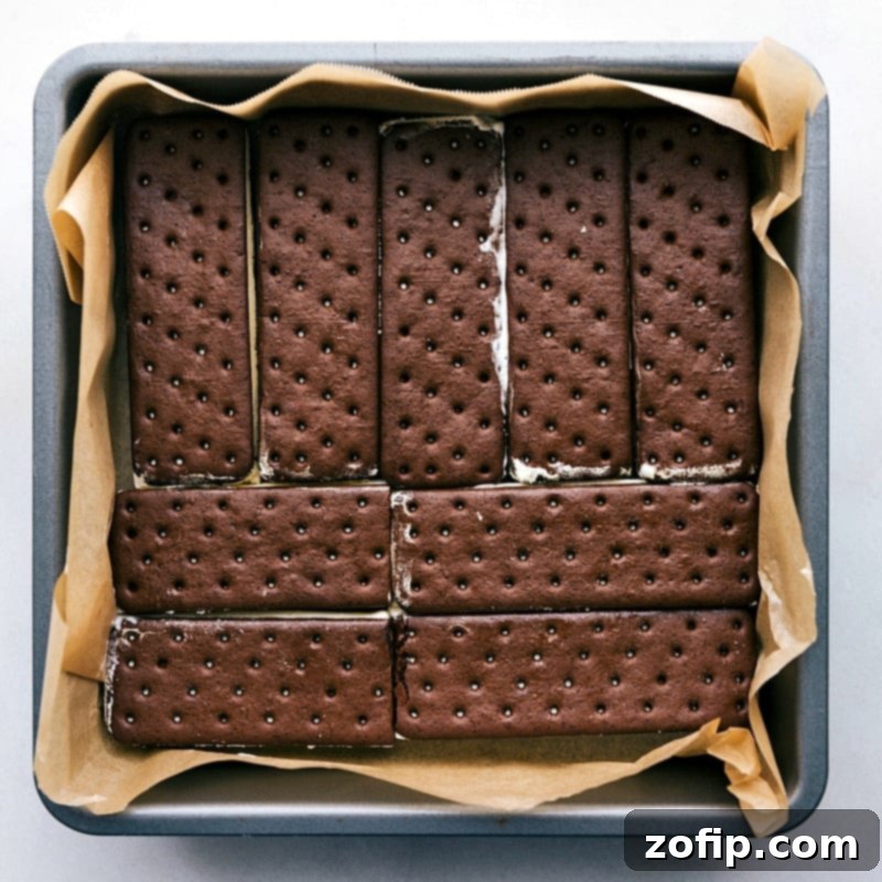 Ice Cream Sandwich Dream 4 Vanilla ice cream sandwiches neatly lined up in a single, even layer at the bottom of a square baking pan, forming the base of the frozen cake.