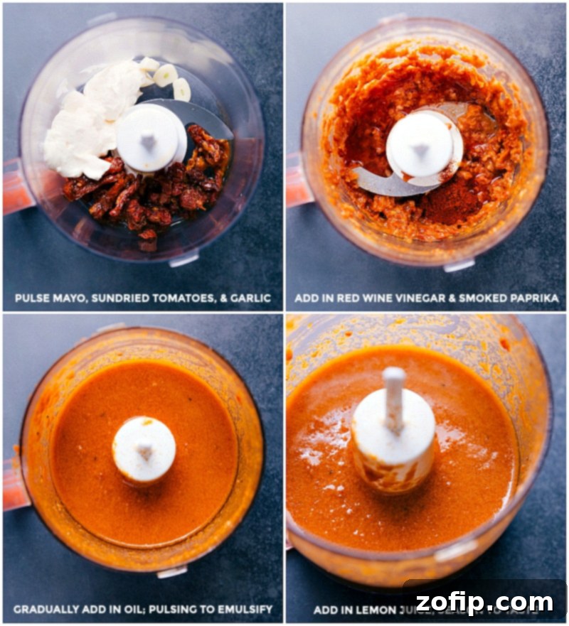 Homemade Sun-dried Tomato Sauce Ingredients for sun-dried tomato sauce being blended