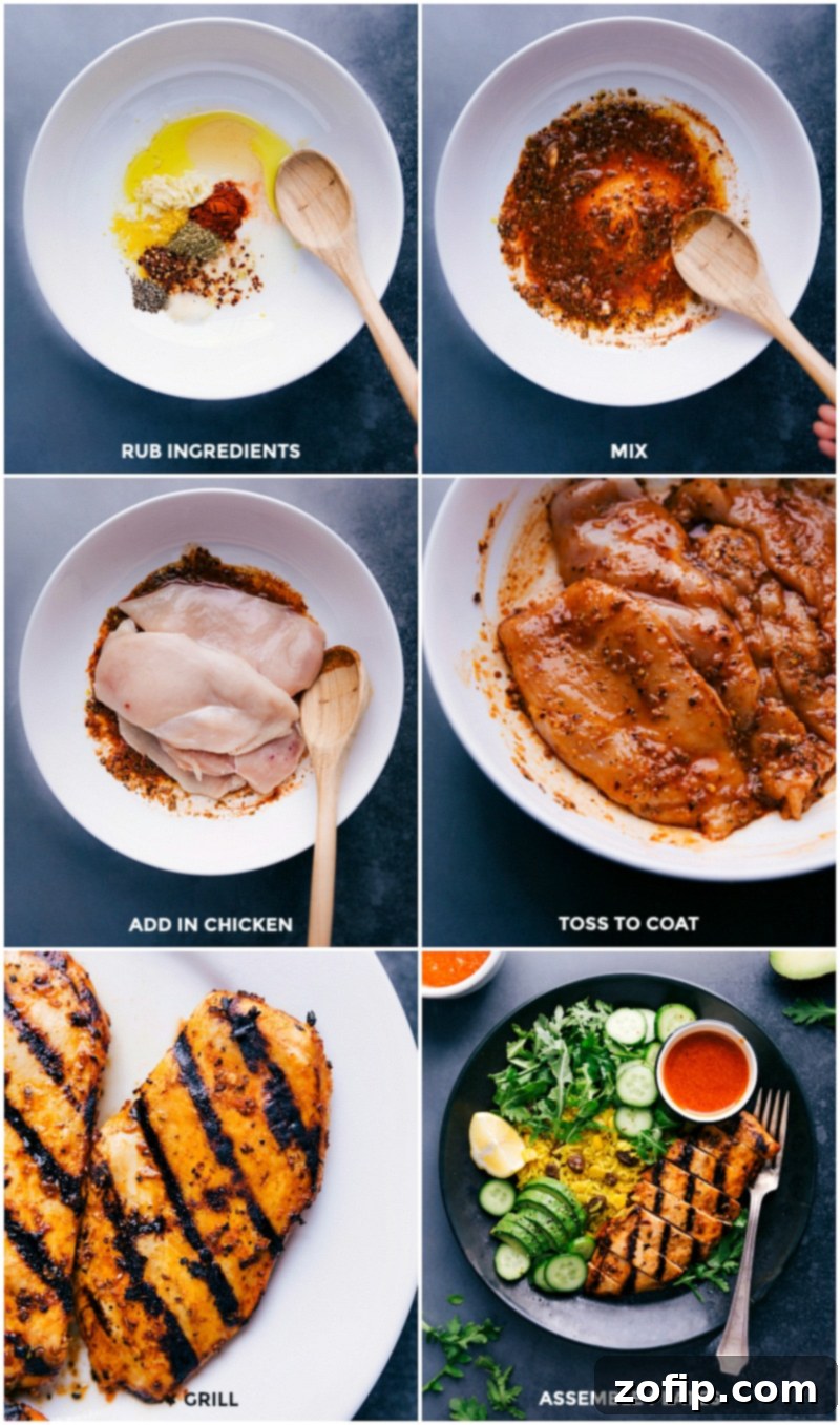 Preparation of delicious Chicken and Yellow Rice bowls Marinating chicken and grilling process for the Chicken and Yellow Rice bowls