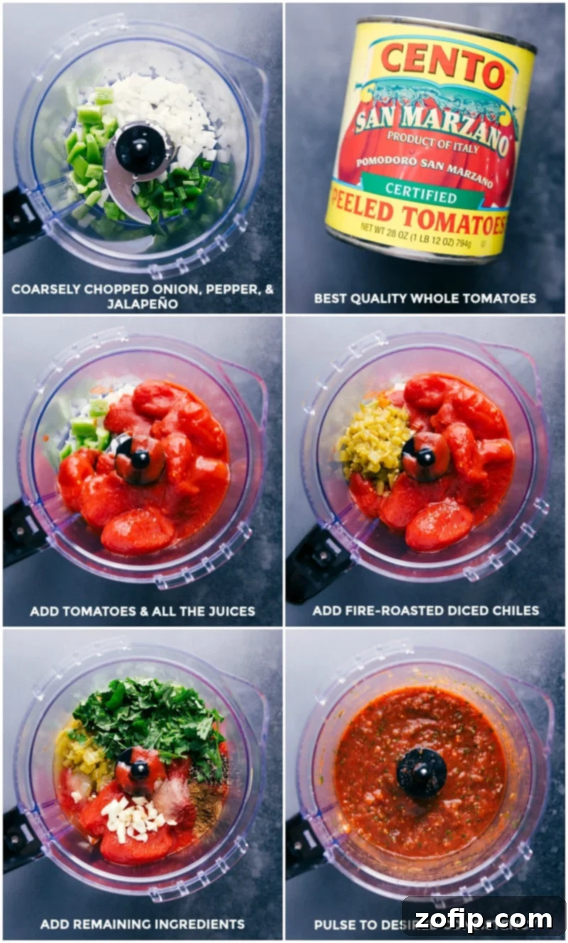 All the fresh and canned ingredients being added to a large food processor, ready to be pulsed into delicious homemade salsa.