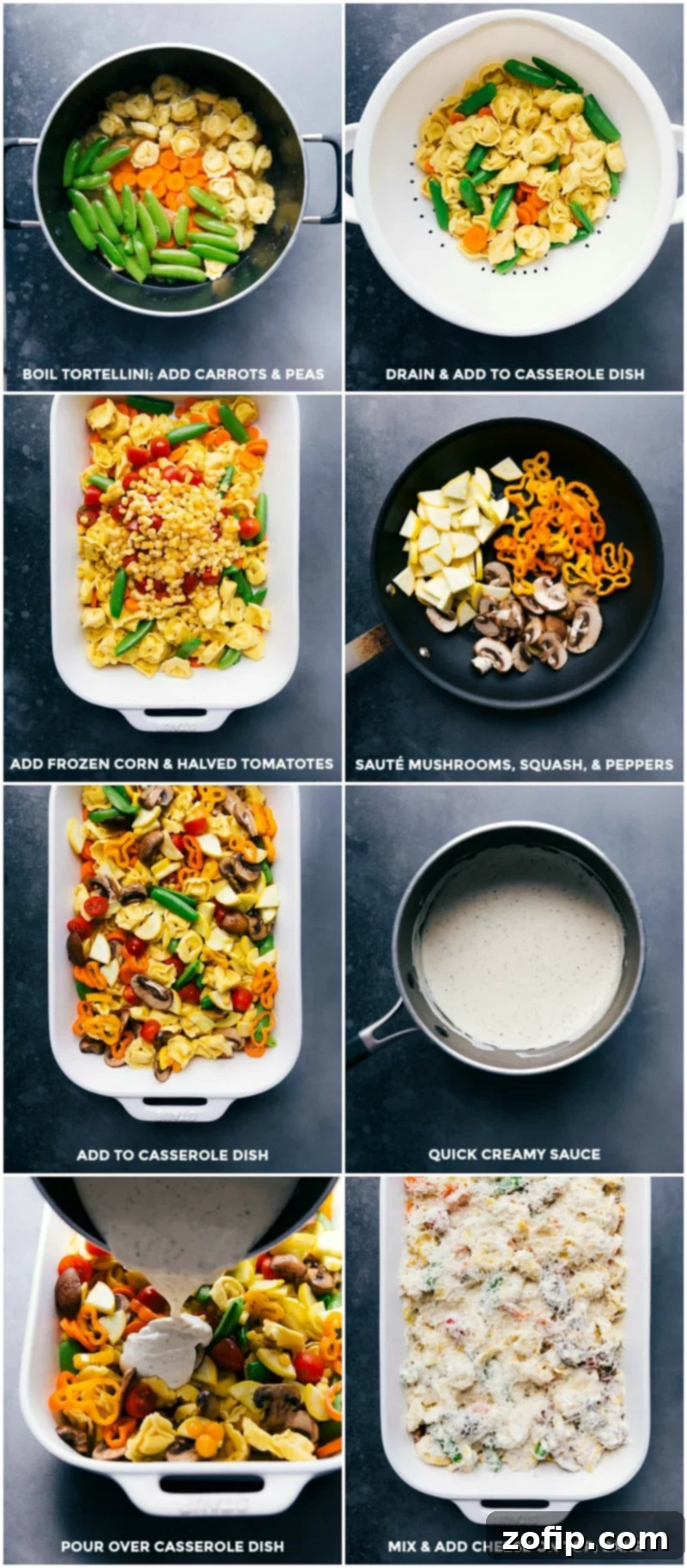 Cooking the tortellini and veggies, adding everything to a casserole dish, and pouring cream sauce over it. A visual guide to preparing the dish.