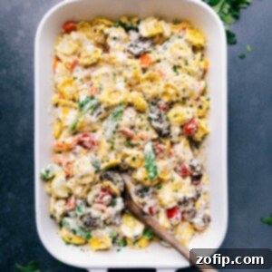 The finished creamy casserole with tortellini fresh out of the oven, ready to be enjoyed as a savory and delicious meal.