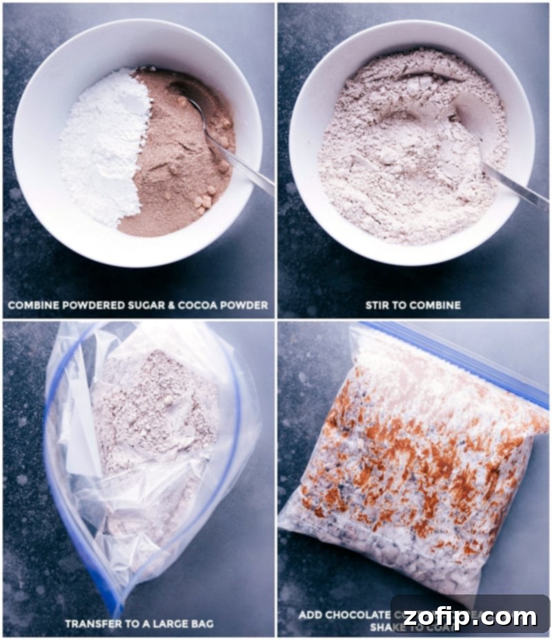 Step-by-step process of making Hot Chocolate Snack Mix, showing powdered sugar and hot cocoa mix combined in a bag, ready for cereal.