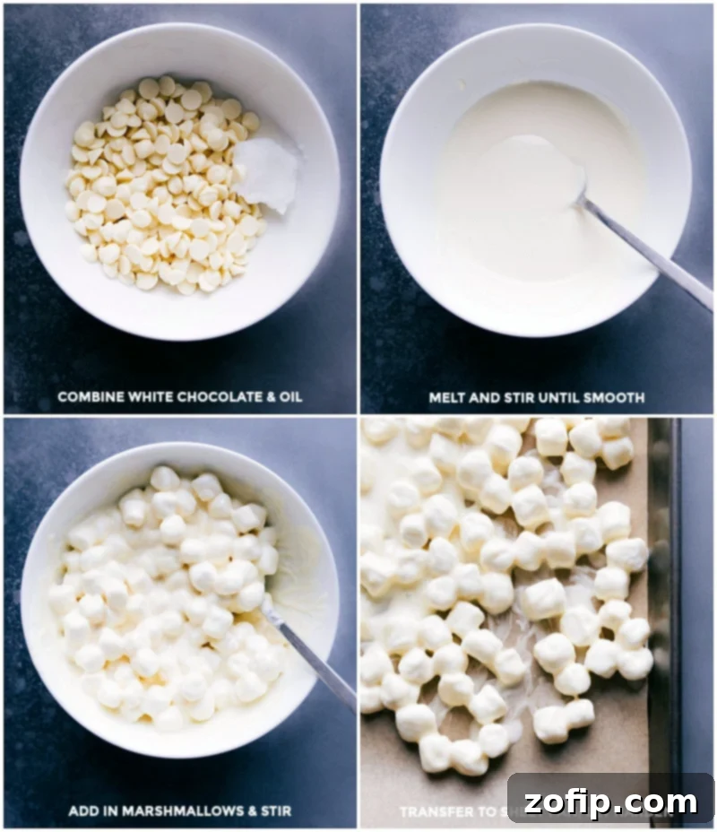 Process shots: Melting white chocolate with coconut oil, stirring until smooth, adding marshmallows, and spreading on a sheet pan to cool for Hot Chocolate Snack Mix.