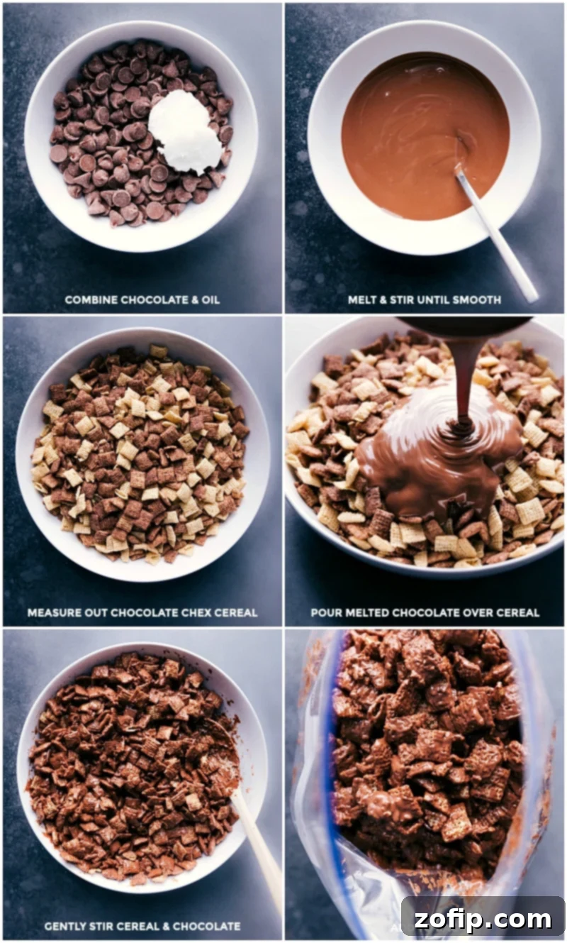 Process shots: detailed view of melting chocolate and coconut oil, pouring over cereal, and shaking with hot cocoa mix and powdered sugar for Hot Chocolate Snack Mix.