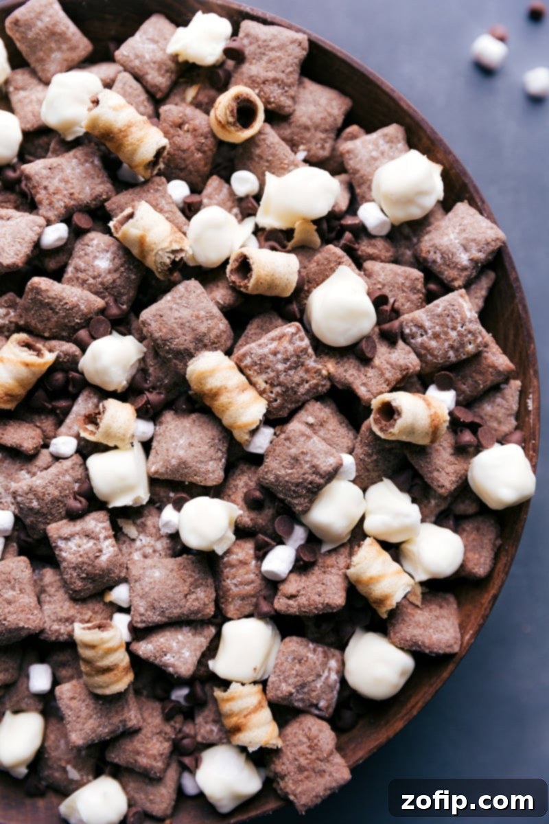 A close-up view of the irresistible finished Hot Chocolate Snack Mix, ready to be enjoyed.