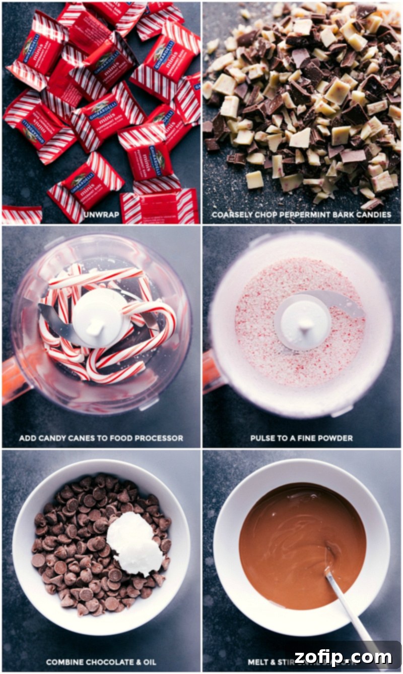 Preparing the key ingredients for Peppermint Bark Muddy Buddies: unwrapped and coarsely chopped peppermint bark candies; unwrapped candy canes finely pulsed into a powder in a food processor; and smooth, melted chocolate combined with coconut oil in a bowl.