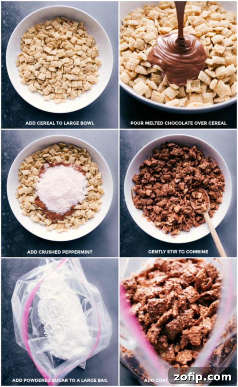 The process of making Peppermint Bark Muddy Buddies, showing melted chocolate being poured over Chex cereal in a large bowl and gently stirred, followed by powdered sugar ready in a large plastic bag to coat the chocolate-covered cereal.
