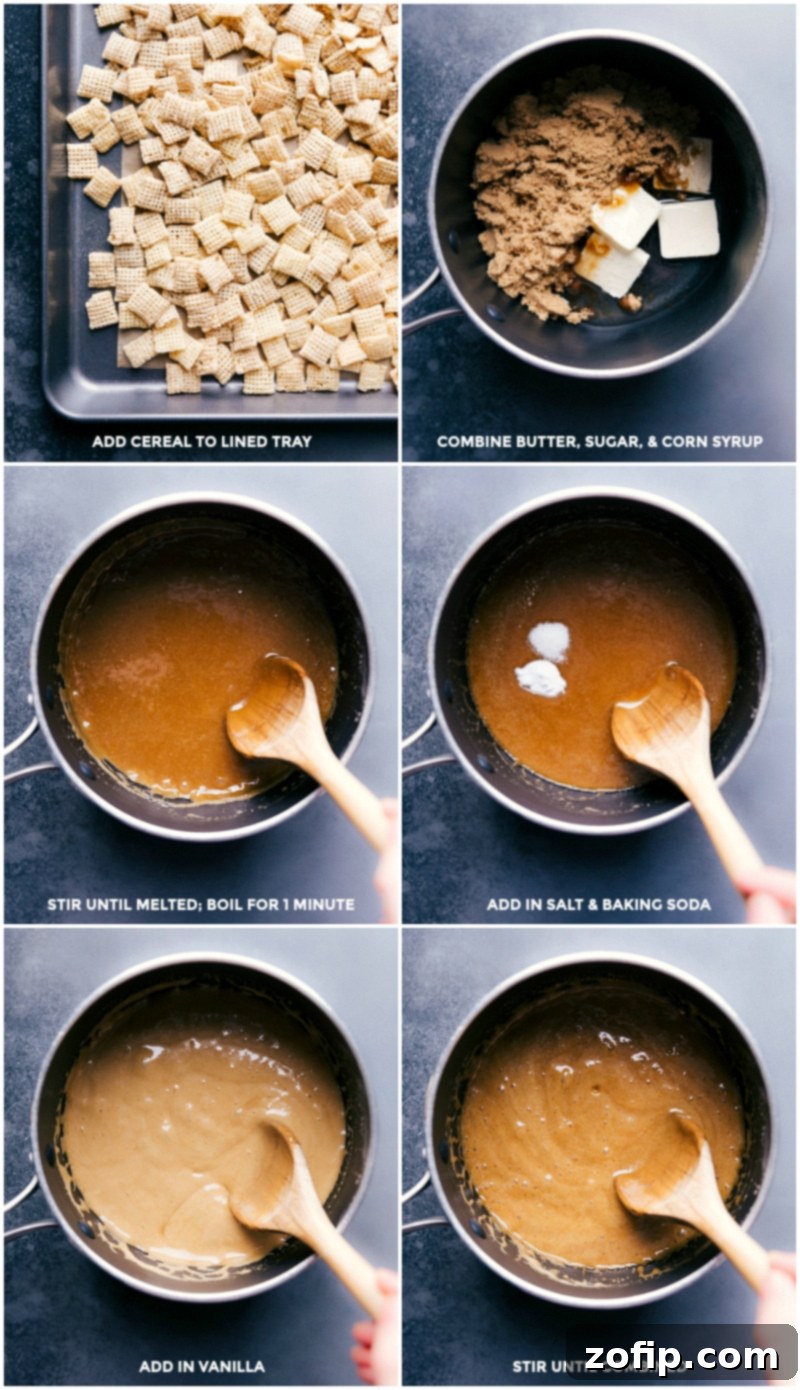 Process shots showing cereal on a baking sheet, butter, sugar, and corn syrup boiling, and the mixture being stirred.