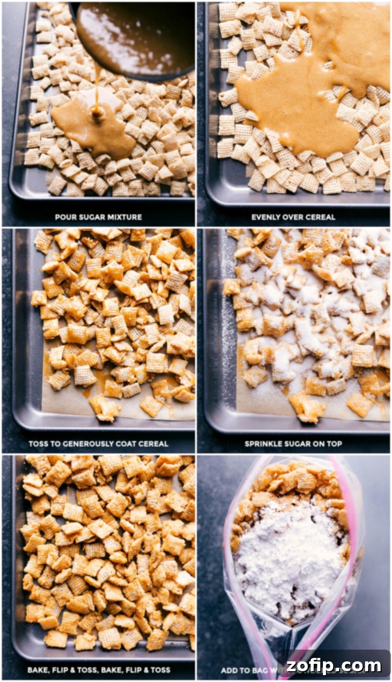 Process shots demonstrating pouring syrup over cereal, tossing to coat, sprinkling granulated sugar, baking, and adding cooled mixture to a bag with powdered sugar.
