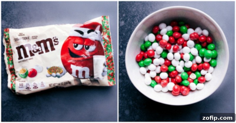 Close-up images of Sugar Cookie M&M's, highlighting their festive colors and cookie-like texture.