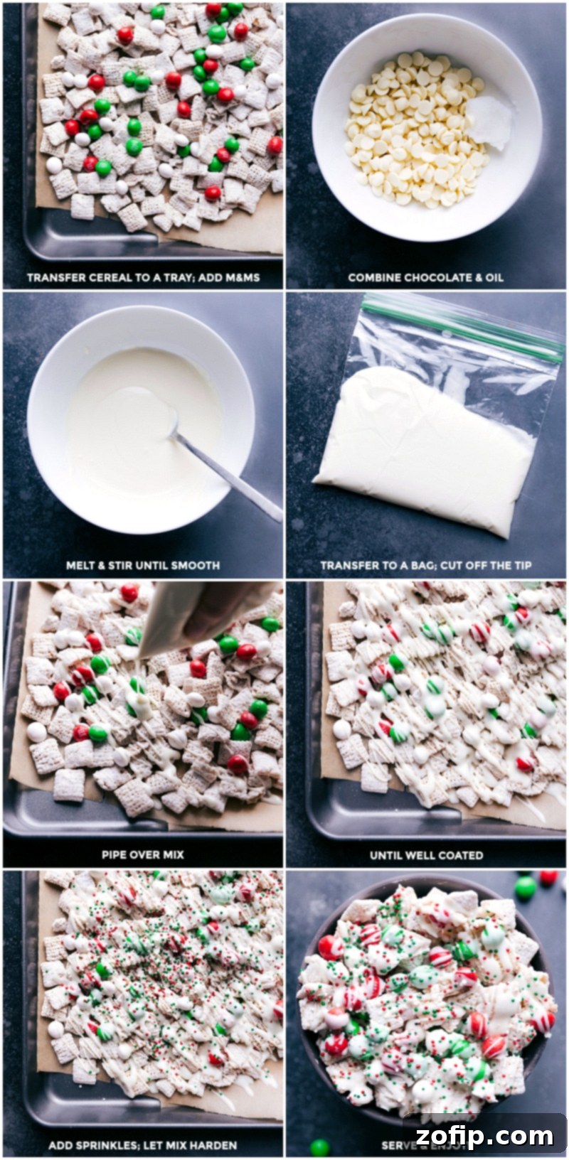 Process shots: Transfer cereal to a tray, add candies, combine and melt white chocolate and oil, transfer to a bag, pipe chocolate over snack mix, add sprinkles, and let harden before serving.